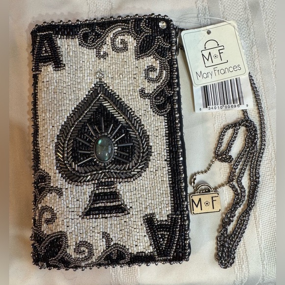 Mary Frances You’re Aces Cell Phone/Glass Black&Cream Beaded Crossbody Handbag - Picture 11 of 16